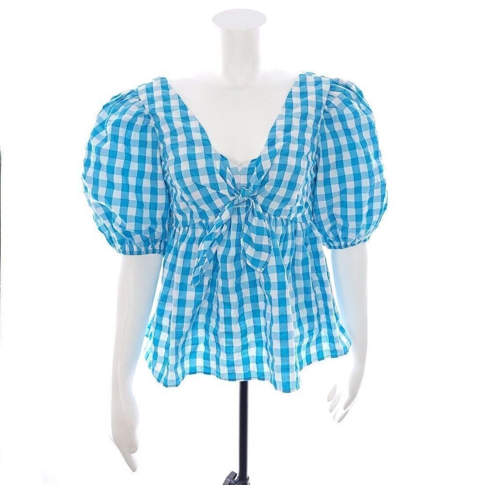 Lilly Pulitzer Sarafina Turquoise Oasis Crinkle Gingham Blouse Size 0